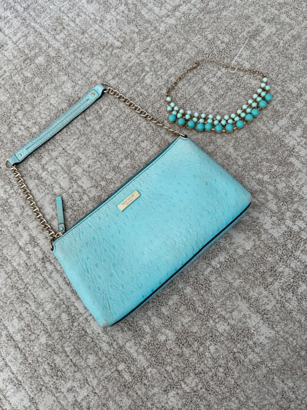 kate spade Light Turquoise Embossed Leather Shoulder Bag w Gold Chain & Necklace